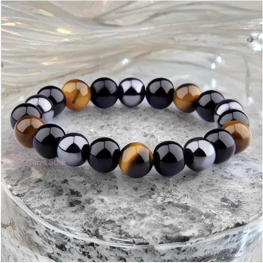 Triple Protection | Black Obsidian, Hematite and Tiger’s Eye Luck, Prosperity, and Protection Bracelet.